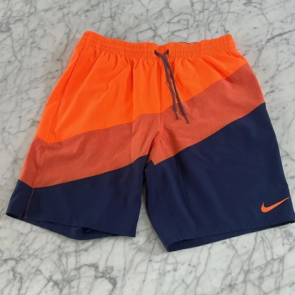 Nike Total Orange & Blue Color block Strip Volley Swim Shorts Size Large NWOT